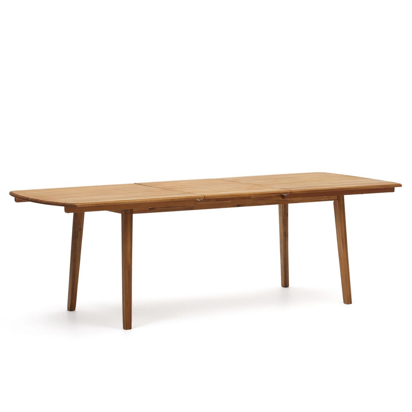 Mesa extensível Thian, exterior, madeira acácia Mesa de madeira clara com tampo retangular e pernas cilíndricas inclinadas