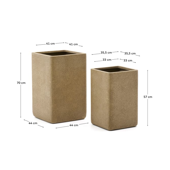 Vasos Minosa, polystone, 44x70, (Conj.2) Dois vasos quadrados castanho claro com medidas indicadas em fundo branco