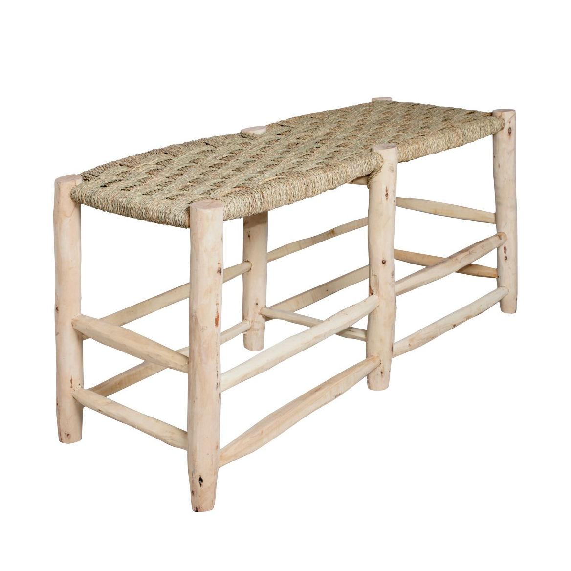 Banco Belgiu, madeira de eucalipto, 136x50 Banco rústico com assento em fibras naturais e estrutura em madeira clara