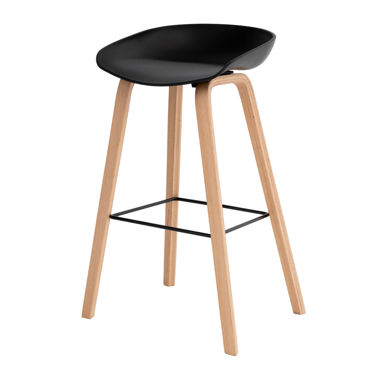 Banco alto Ronie, plástico/madeira, 76cm Banco alto com assento preto e pernas em madeira clara