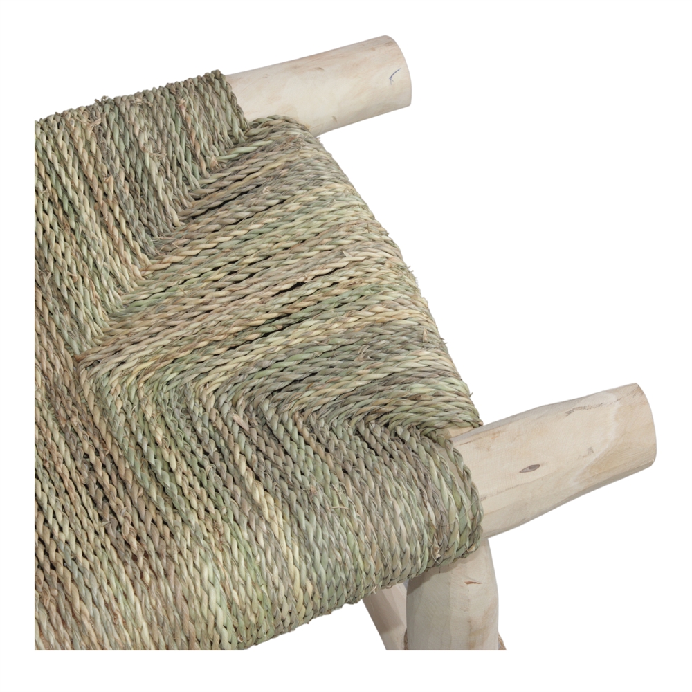 Banco Fasi, madeira de louro/corda, 120x45 Assento de cadeira em corda natural trançada em tons de verde e bege com estrutura de madeira clara