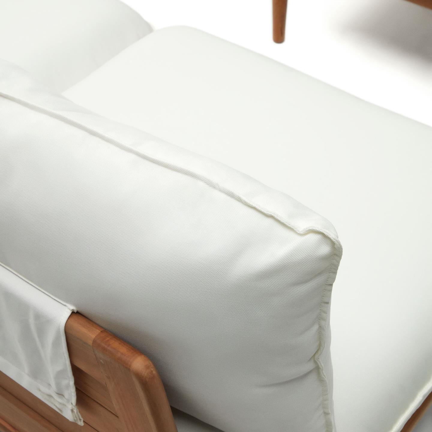 Conjunto Porto Rico, sofá 4 lugares, mesa, madeira teca Poltrona de madeira com almofadas brancas e bolso lateral de tecido