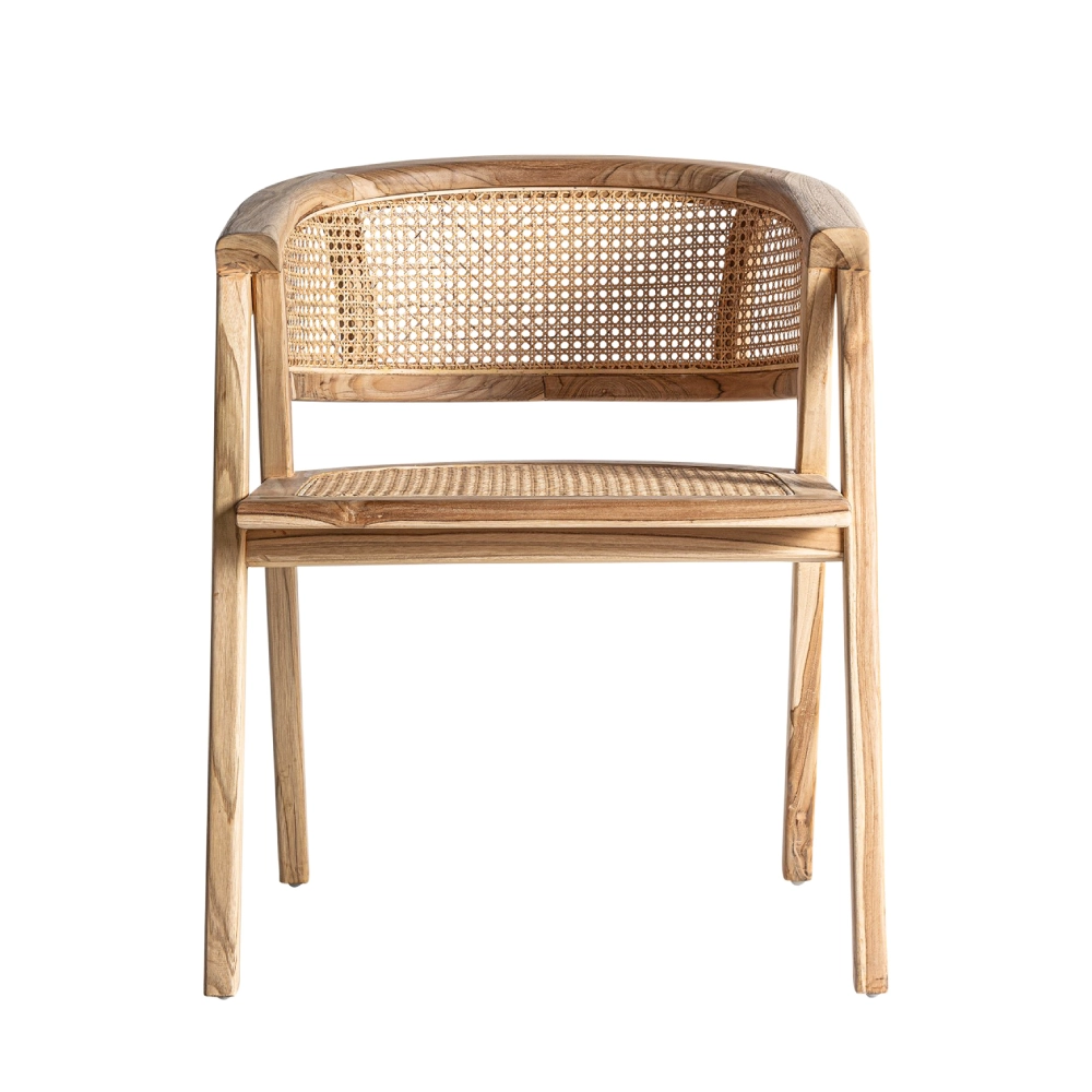 Cadeira com braços em teca e rattan natural Eane Cadeira de madeira clara com assento e encosto de rattan trançado