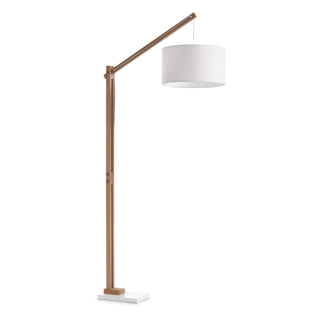 Candeeiro de Pé em Madeira Branco Zizar Candeeiro de pé com cúpula branca e estrutura metálica cobre