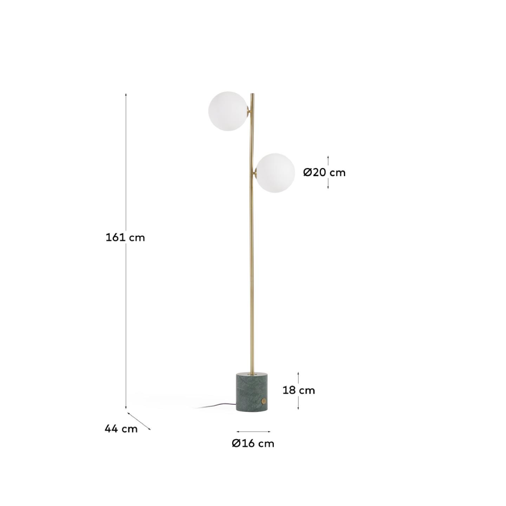 Candeeiro de Pé com Dois Globos em Vidro Lonna Candeeiro de chão com duas cúpulas esféricas brancas e base de mármore cinzento