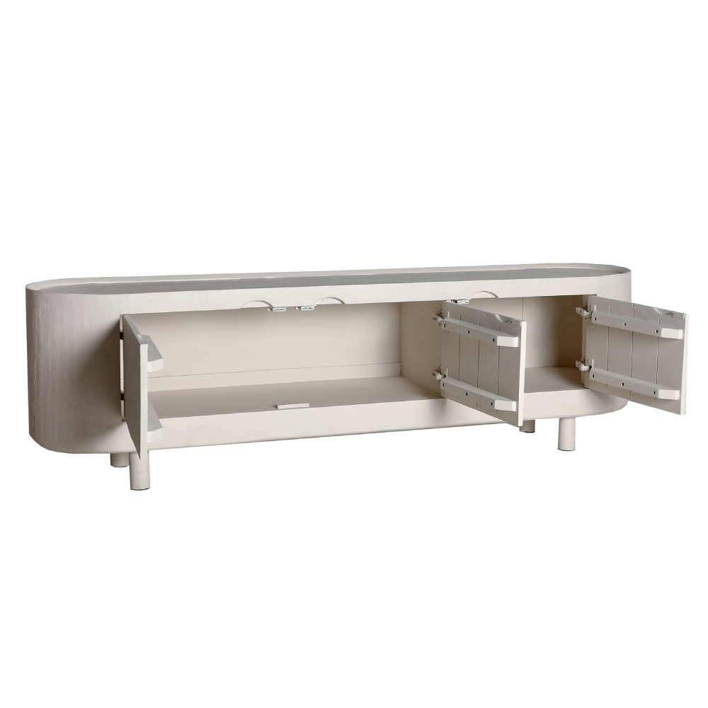 Móvel TV em madeira manga off-white Halsua 170x50 aparador oval branco com portas abertas
