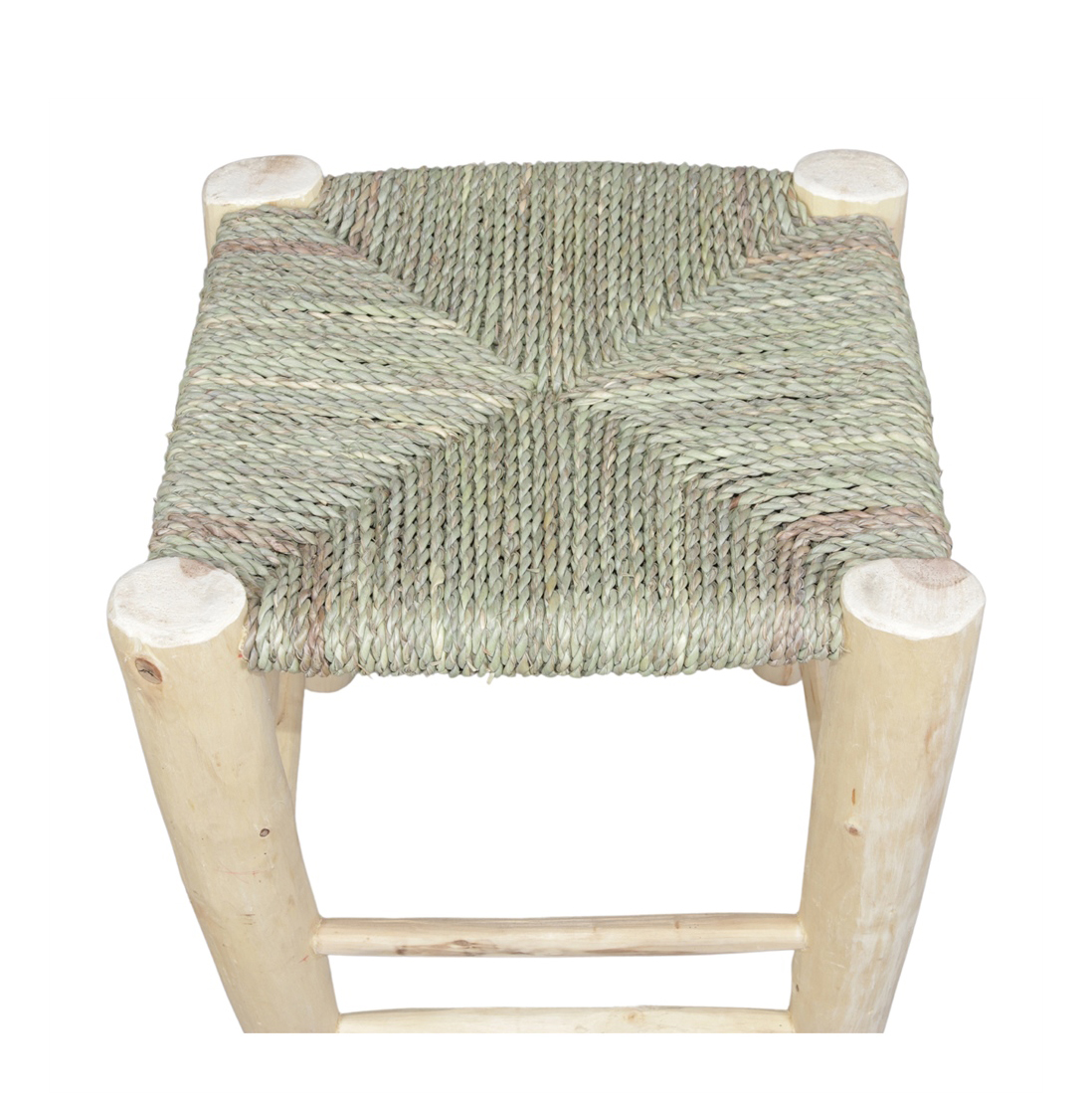 Banco de apoio Kandi, madeira/folha de palmeira Banco rústico de madeira com assento tecido verde e bege