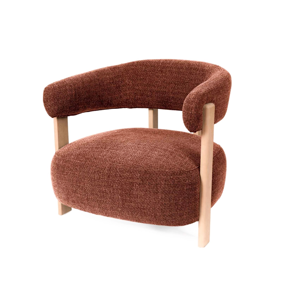 Cadeirão com braços madeira faia estofado Manila Cadeira estofada castanha com estrutura de madeira clara