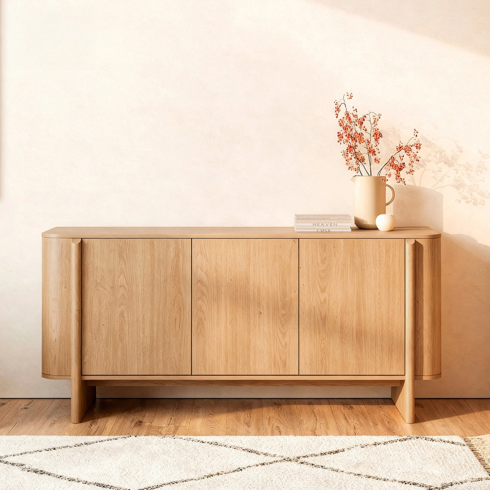 Aparador Sydney em MDF e Melamina 160x75 Móvel aparador de madeira clara com decoração no topo num ambiente minimalista