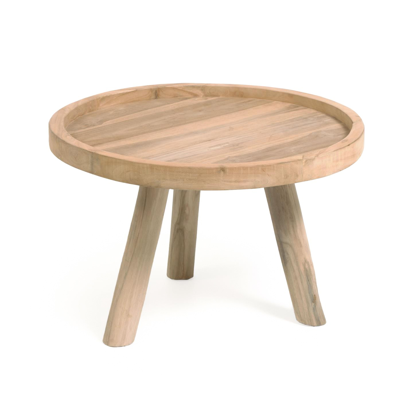Mesa de centro Genda, madeira teca, Ø55x36 Mesa de centro redonda de madeira clara com três pernas