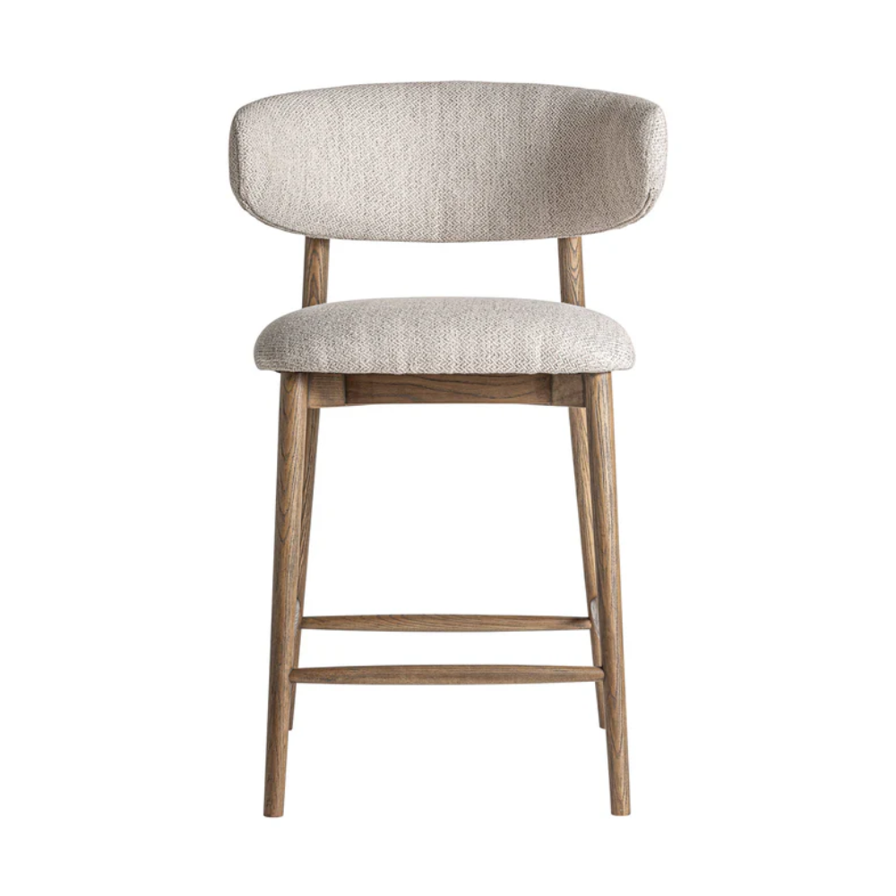 Cadeira alta estofada bege madeira de freixo Laires 68cm Cadeira alta de madeira com assento e encosto estofados bege