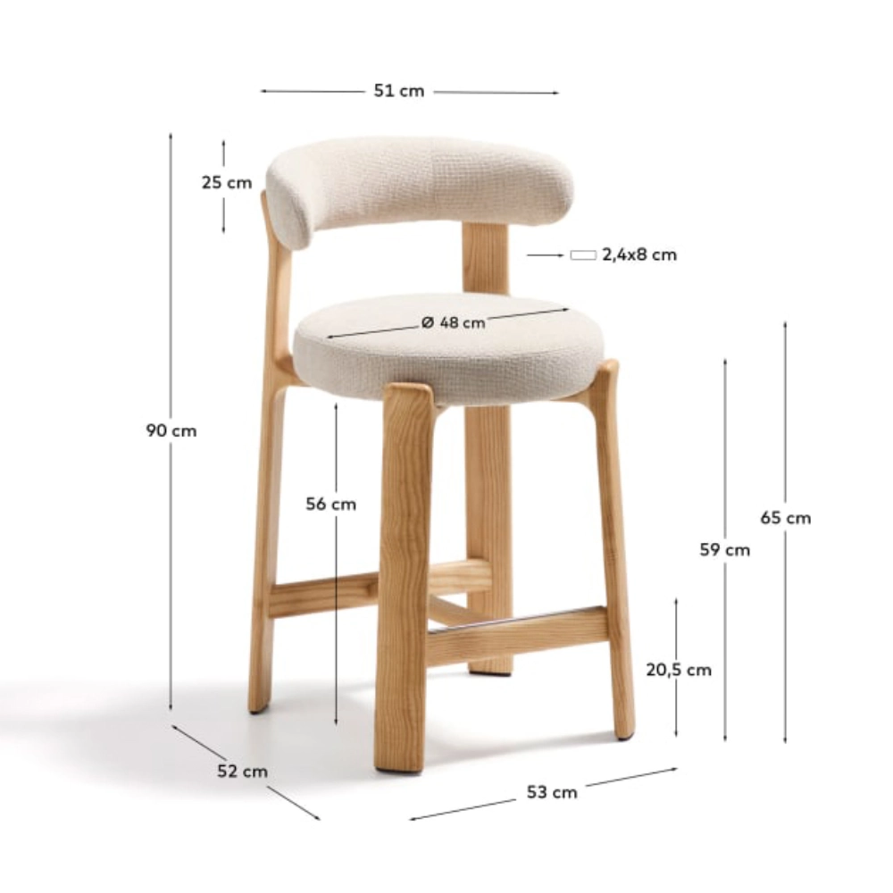 Cadeira alta madeira de freixo estofada bege Grani Cadeira branca estofada com pernas de madeira e medidas em centímetros