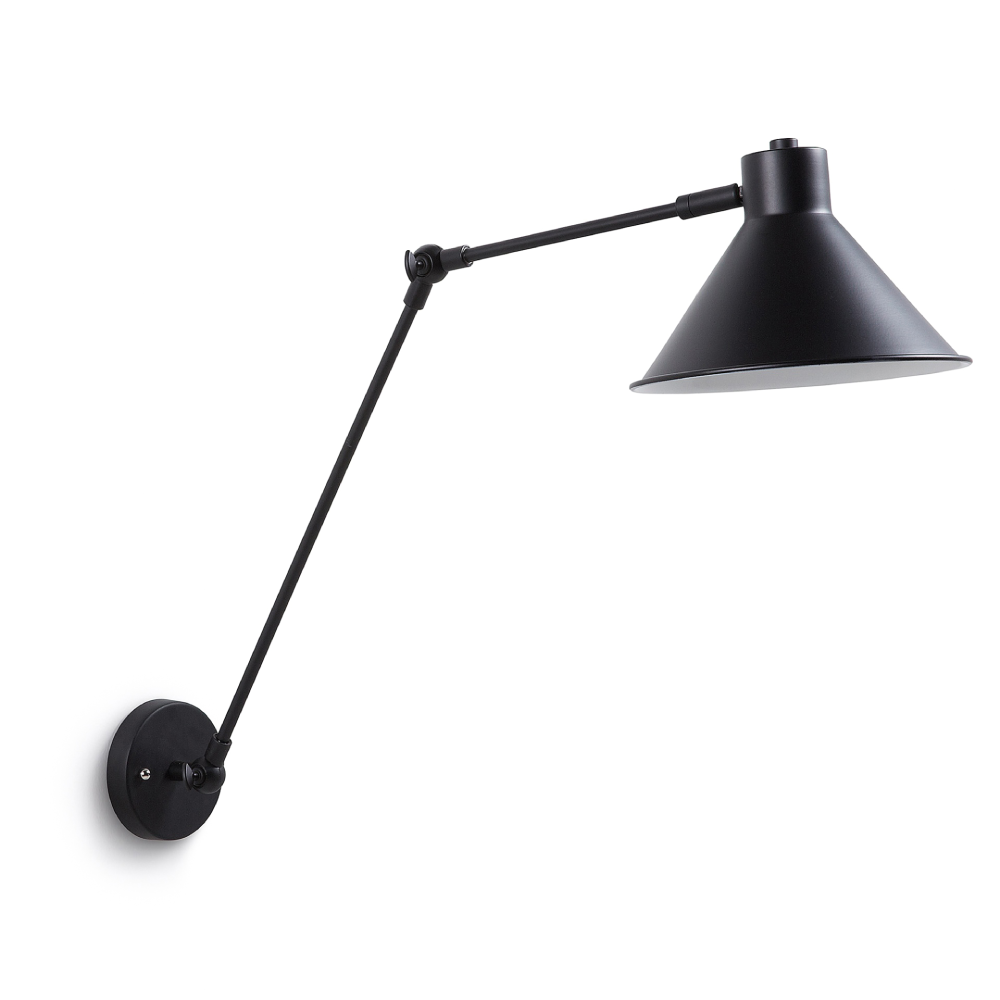 Aplique de Parede Articulado Metal Danone Candeeiro de parede ajustável preto com abajur cónico e braço articulado