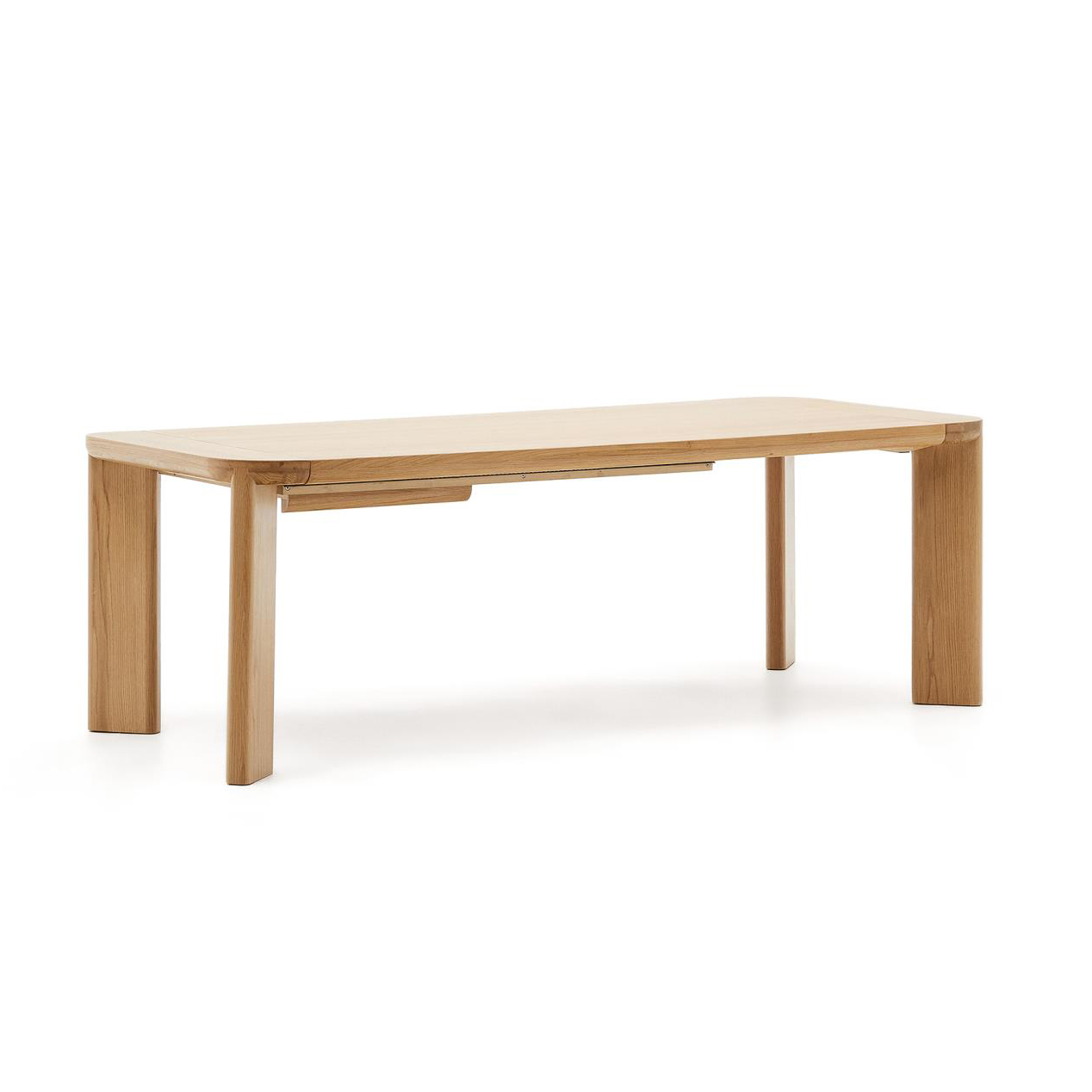 Mesa extensível Jonda, madeira carvalho Mesa de jantar de madeira clara com quatro pernas em fundo branco
