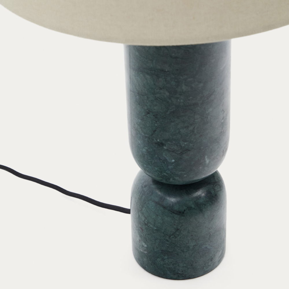 Candeeiro de Mesa em Mármore e Linho Vexis Base de candeeiro verde escuro em pedra com cabo preto e cúpula clara