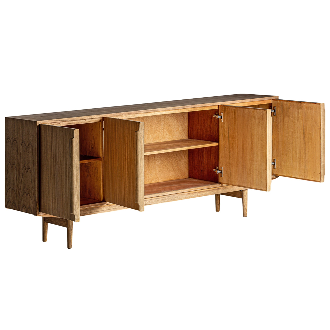 Aparador Niry, madeira mindi, 200x84 Aparador de madeira castanha clara com quatro portas abertas e prateleiras interiores