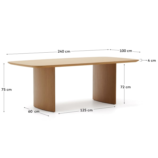 Mesa de jantar Lutto, madeira carvalho Mesa retangular de madeira clara com cantos arredondados e medidas visíveis