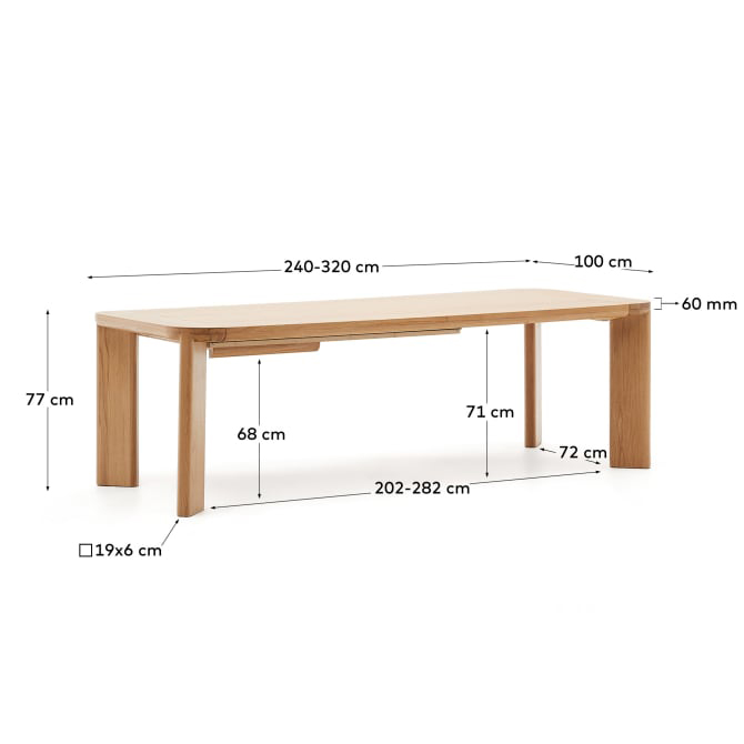 Mesa extensível Jonda, madeira carvalho Mesa extensível de madeira clara com dimensões anotadas