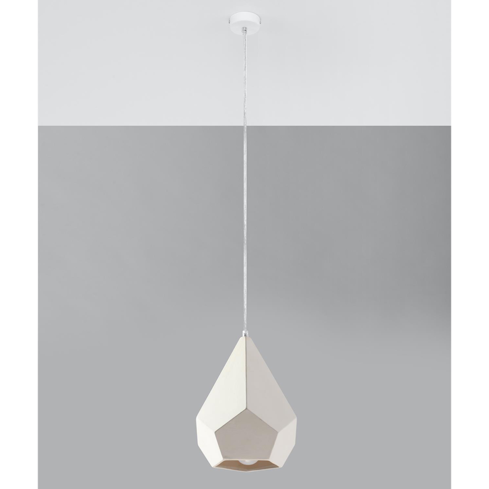 Candeeiro de Teto em Cerâmica Branca Pavus Ø25x35 Candeeiro suspenso branco geométrico contra parede cinzenta