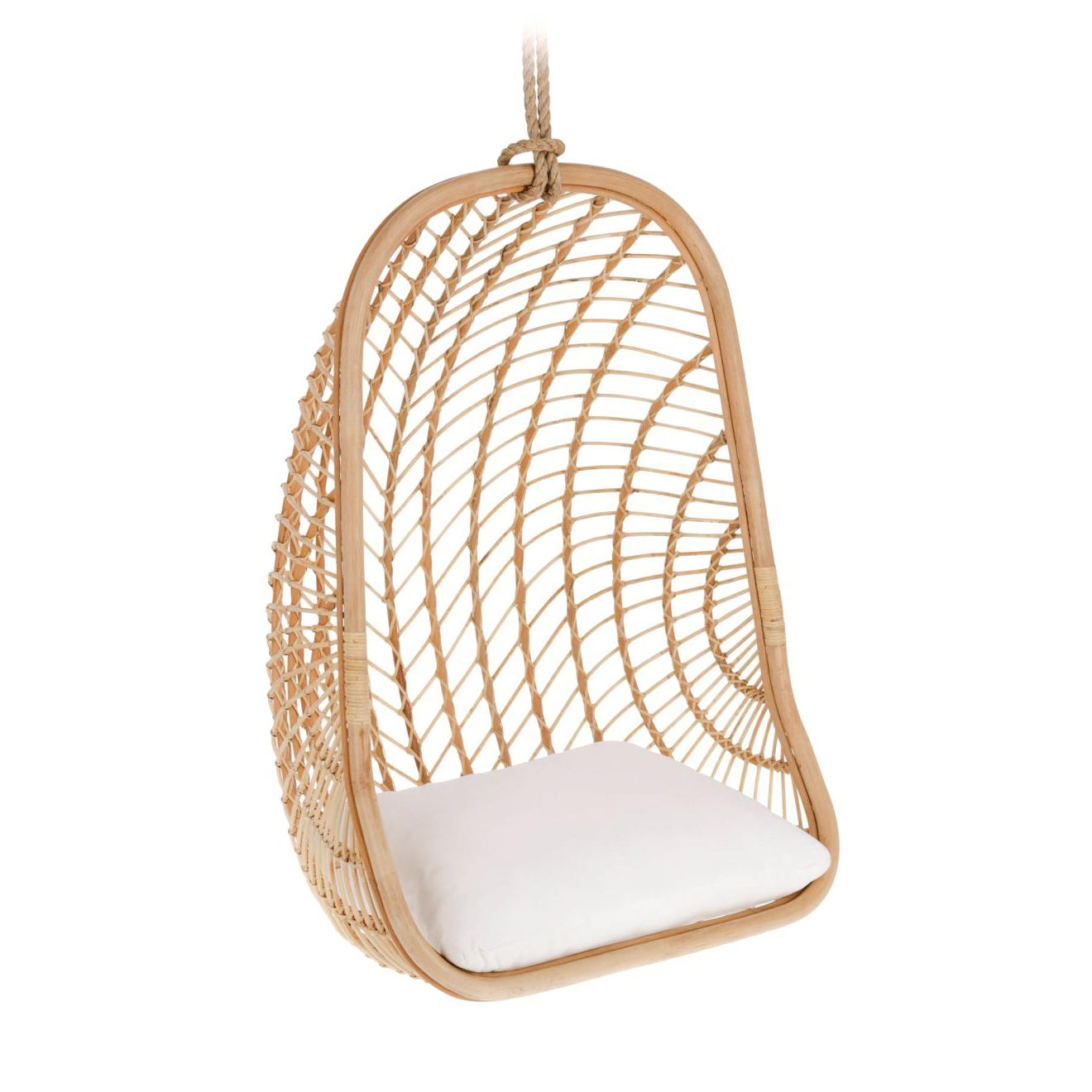Cadeira suspensa Katerin, rattan natural Cadeira suspensa em rattan com almofada branca