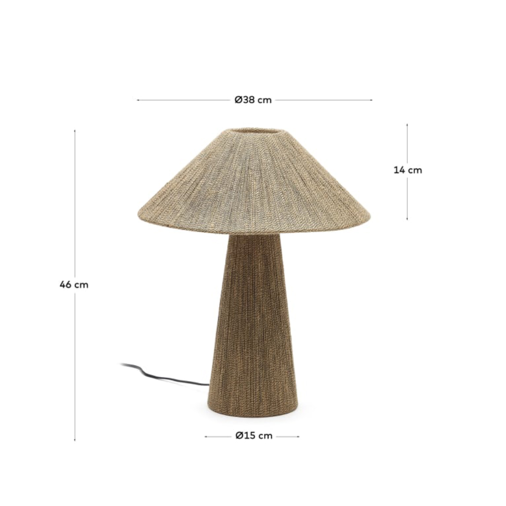 Candeeiro de Mesa em Juta Natural Renne candeeiro de mesa tecido bege base cónica cúpula larga com cabo elétrico