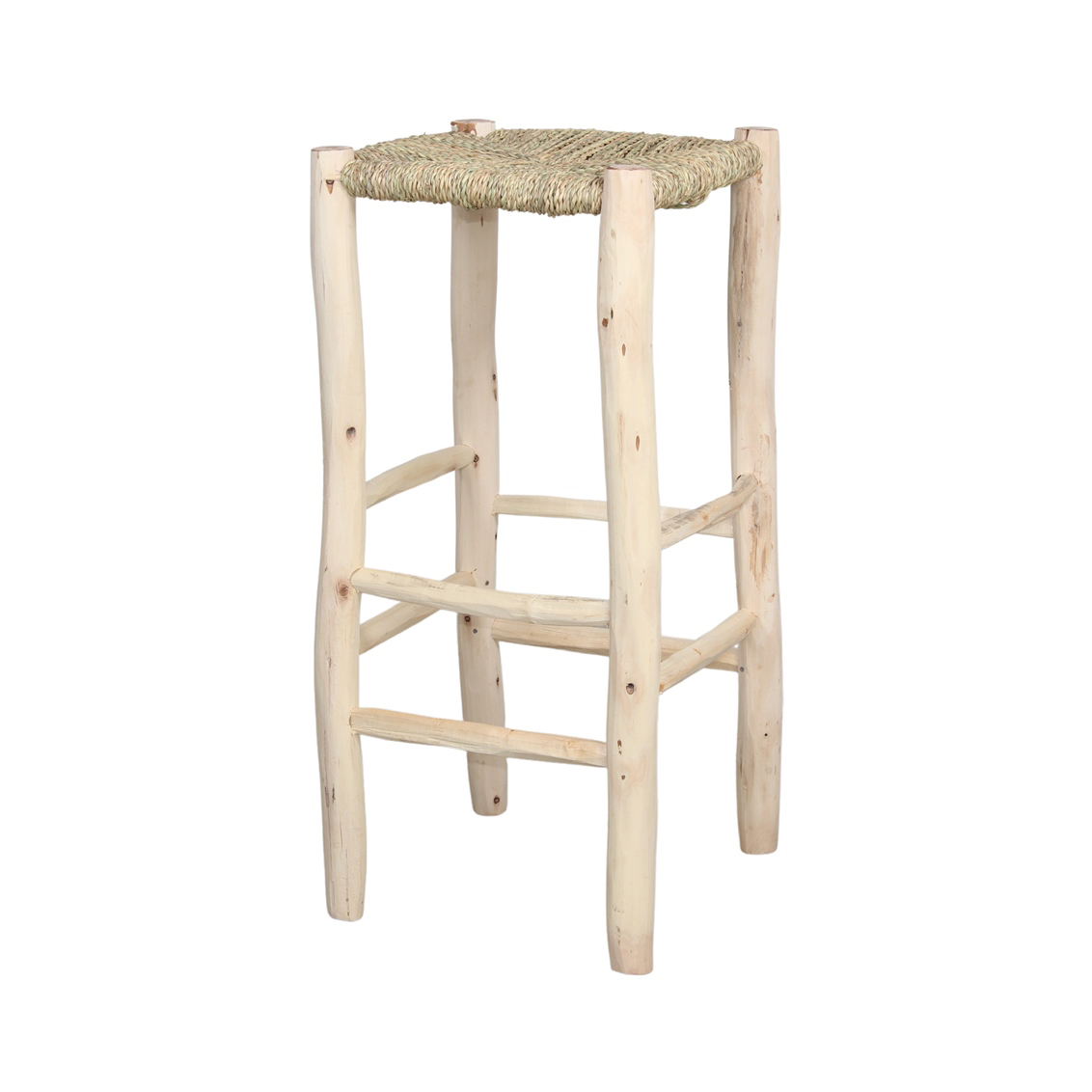 Banco alto Tulio, madeira de louro, 60cm Banco alto rústico com assento de palha