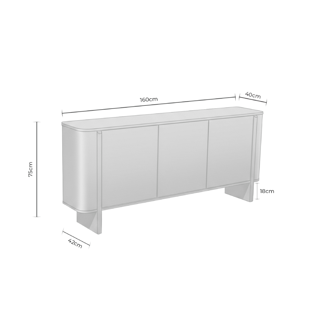 Aparador Sydney em MDF e Melamina 160x75 Móvel branco com quatro portas e cantos arredondados com dimensões indicadas.