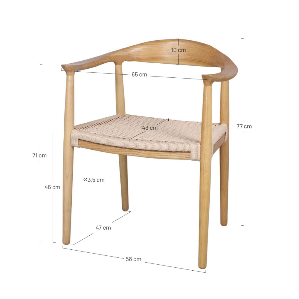 Cadeira com braços em madeira e corda natural Cassia cadeira de madeira clara com assento de corda entrelaçada e braços curvos