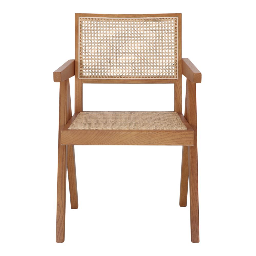 Cadeira estofada com braços em madeira e rattan Capito Cadeira de madeira clara com assento e encosto em palhinha entrelaçada