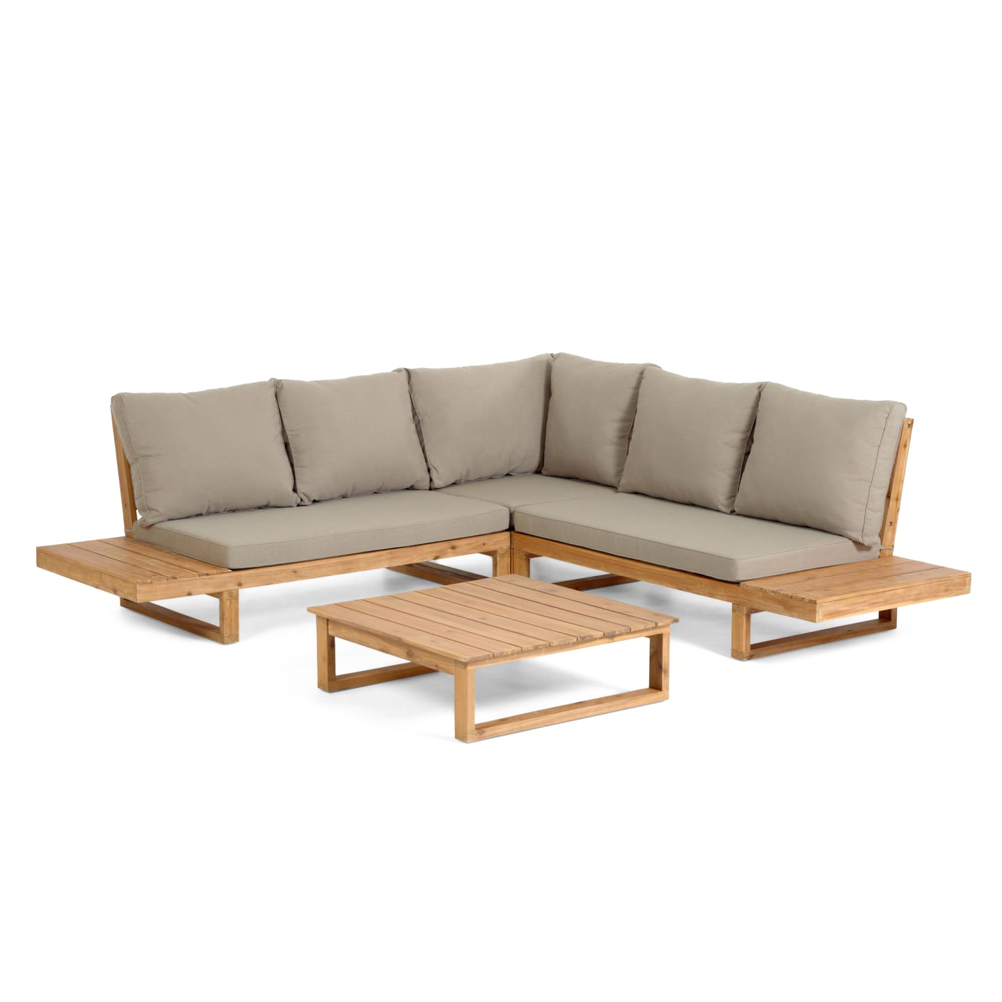 Conjunto Flavia, sofá 5 lugares, mesa, acácia Conjunto de móveis de exterior em madeira clara com almofadas cinzentas.