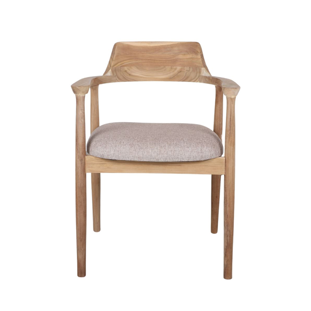 Cadeira com braços madeira teca estofada bege Derby Cadeira de madeira com assento almofadado bege