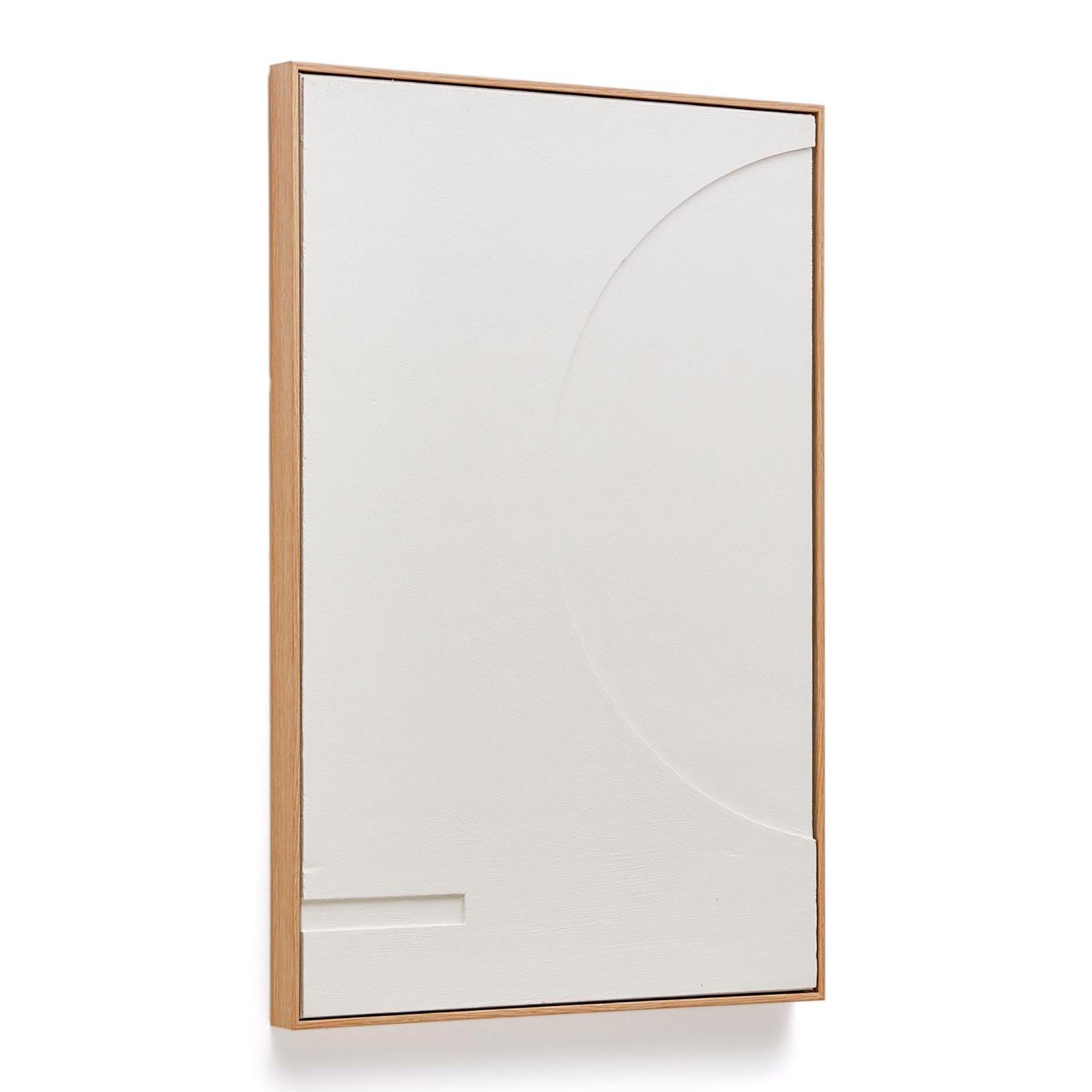 Quadro Siferes, geométrico, linho, branco, 60x90 Quadro decorativo branco com moldura em madeira clara e relevos circulares e rectangulares