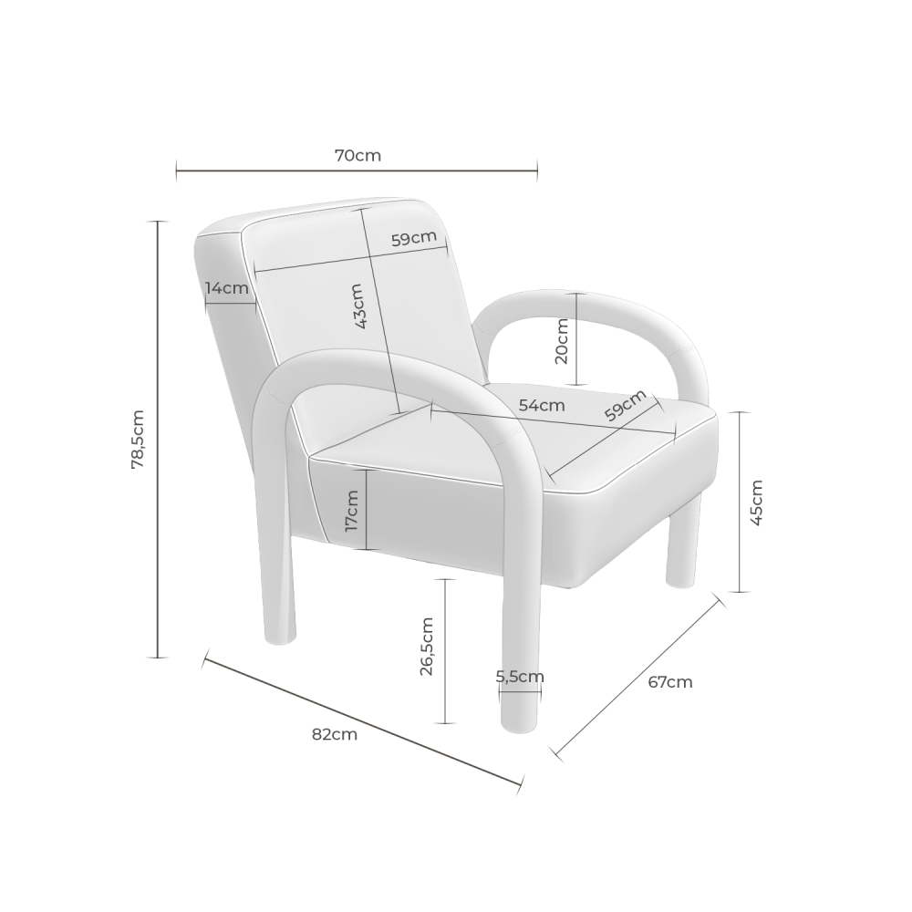 Cadeirão com braços madeira estofado Dorothy Poltrona branca com braços arredondados e dimensões indicadas em centímetros.