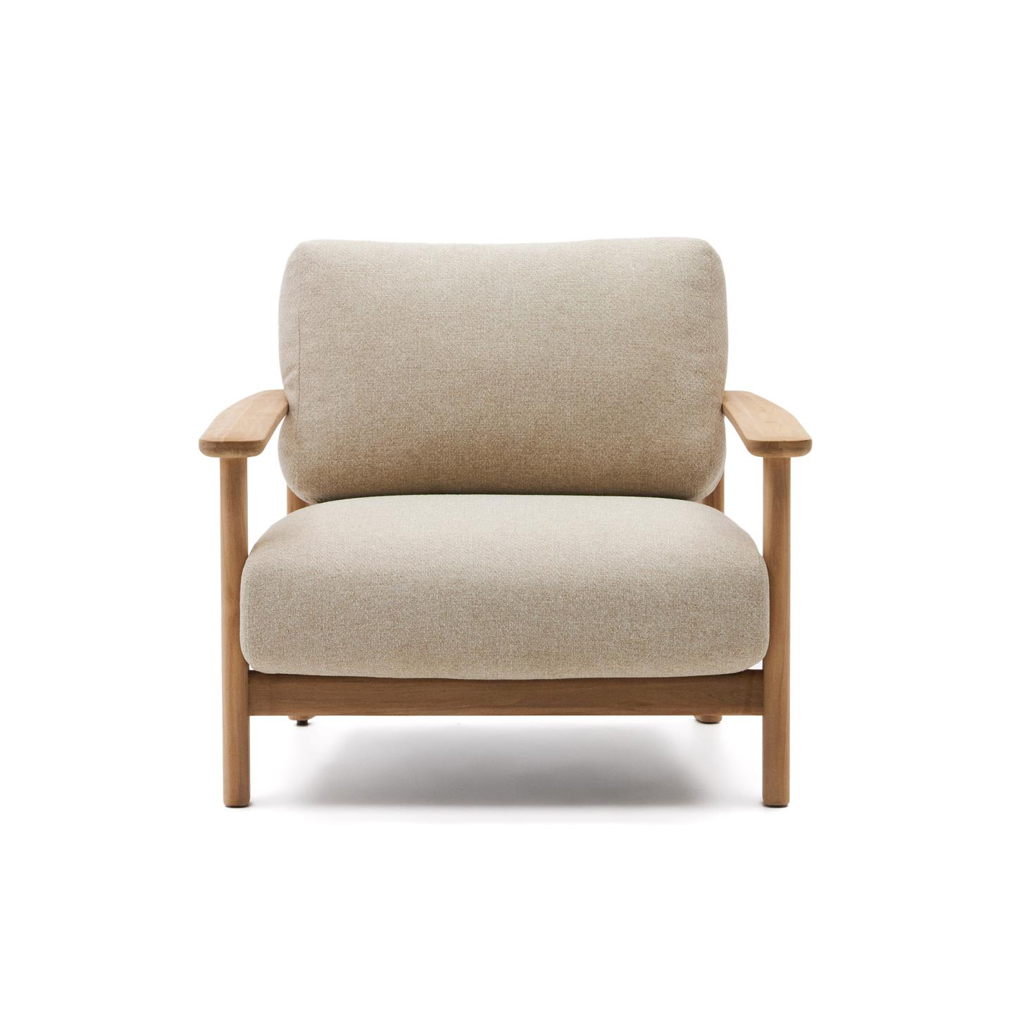 Cadeirão Tiran, exterior, madeira teca, bege Poltrona de madeira clara com almofadas bege sobre fundo branco