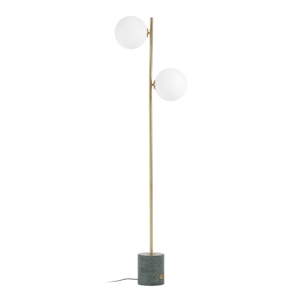 Candeeiro de Pé com Dois Globos em Vidro Lonna Candeeiro de pé com base em mármore cinzento e duas esferas blancas opalinas