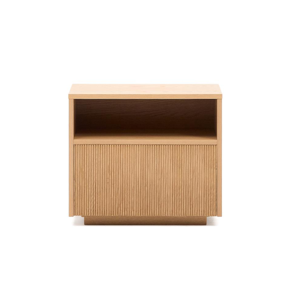 Mesa de cabeceira Helvi, madeira carvalho, 60x52 Mesa de cabeceira em madeira clara com superfície lisa e frente canelada