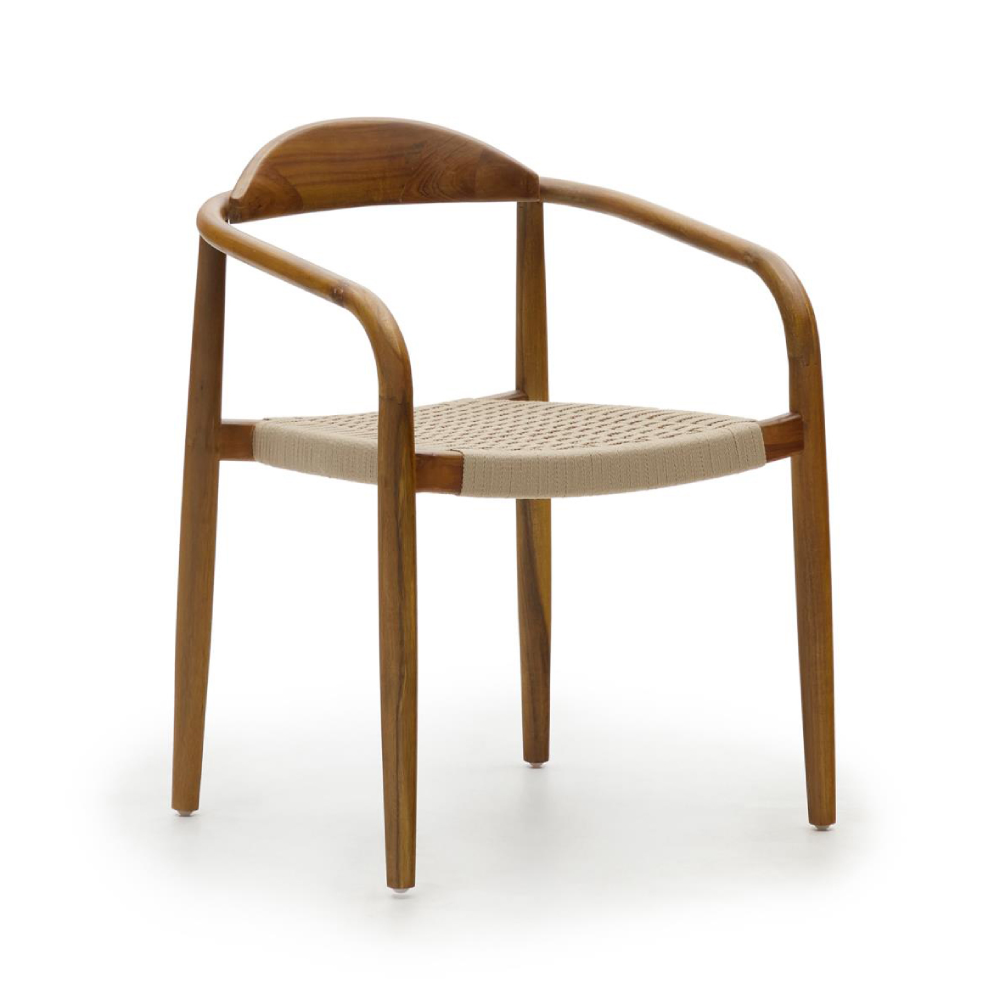 Cadeira com braços em nogueira e corda bege Mina Cadeira em madeira com assento em palha sintética e encosto curvo