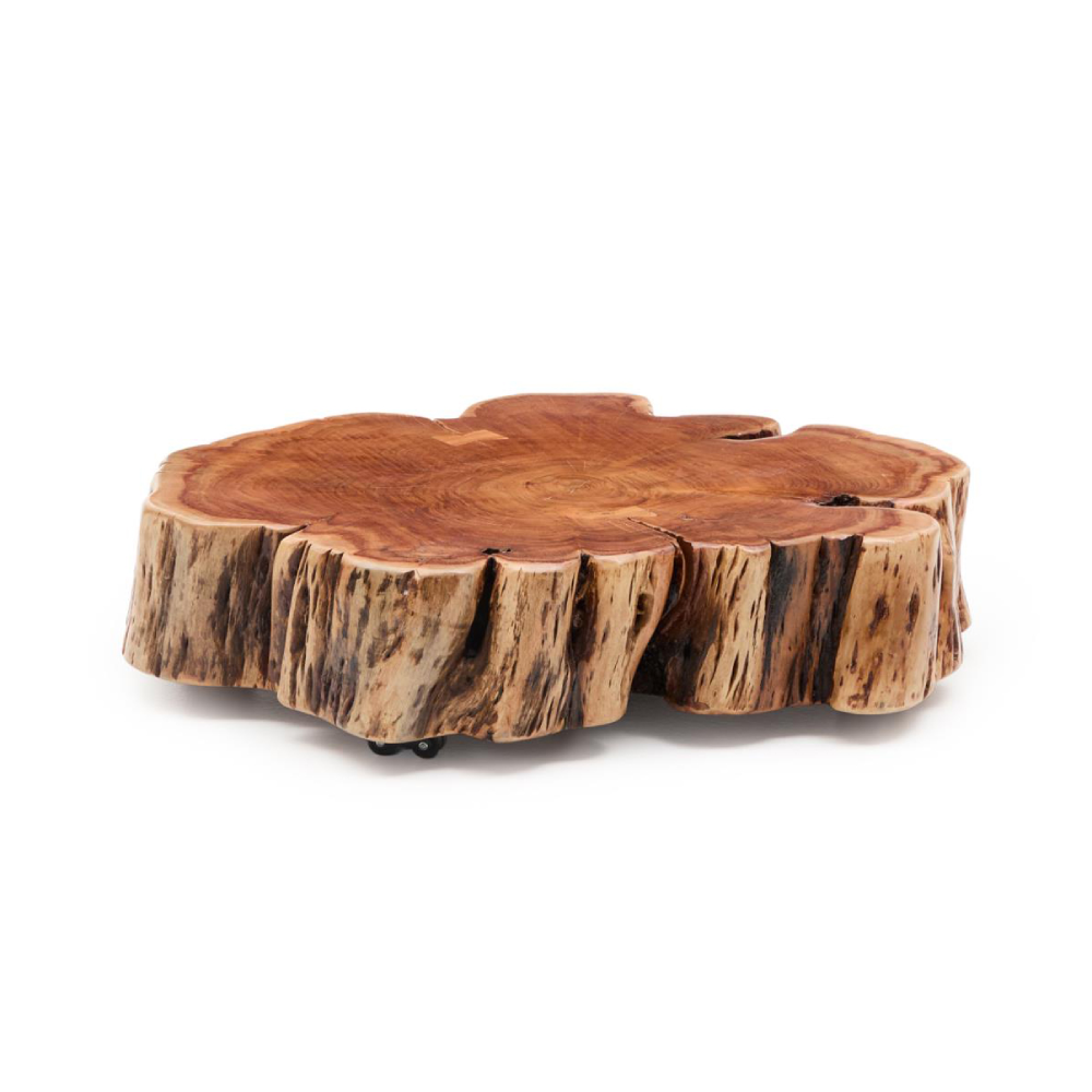 Mesa de centro madeira de acácia com rodas Nuvina Ø65 Mesa de centro rústica redonda em madeira natural com textura de tronco de árvore