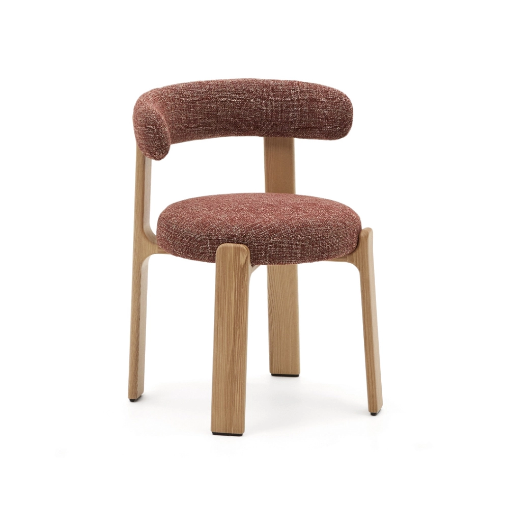 Cadeira em madeira de freixo estofada chenille Grani Cadeira de madeira com assento e encosto estofados vermelhos arredondados