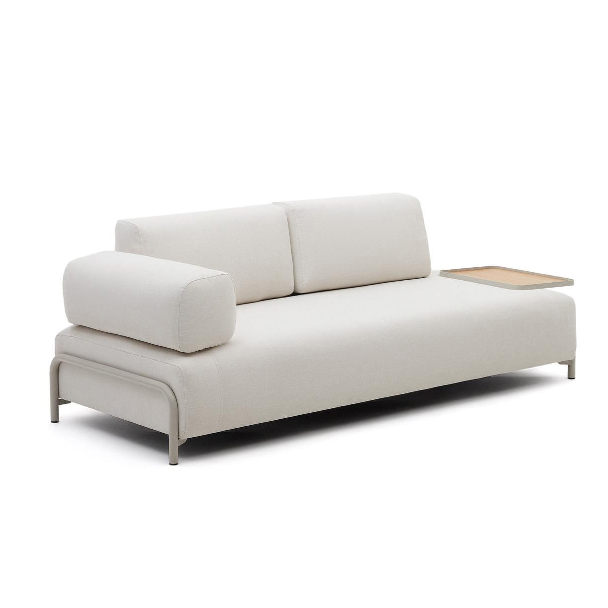 Sofá Compon, 3 lugares, estofado, c/bandeja, bege Sofá branco moderno com estrutura metálica cinzenta e mesa amovível de madeira