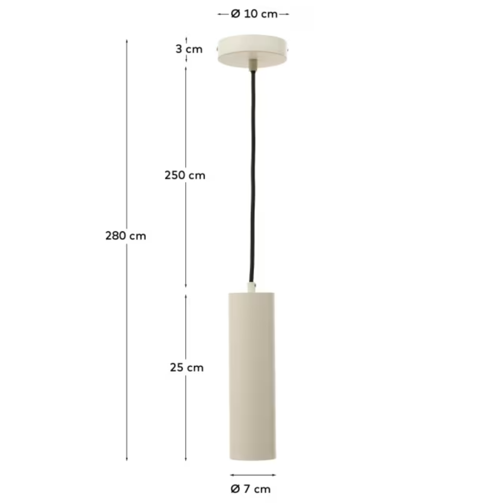 Candeeiro de teto em alumínio Adone Ø7x25 Candeeiro pendente cilíndrico bege claro com cabo preto e teto redondo branco.