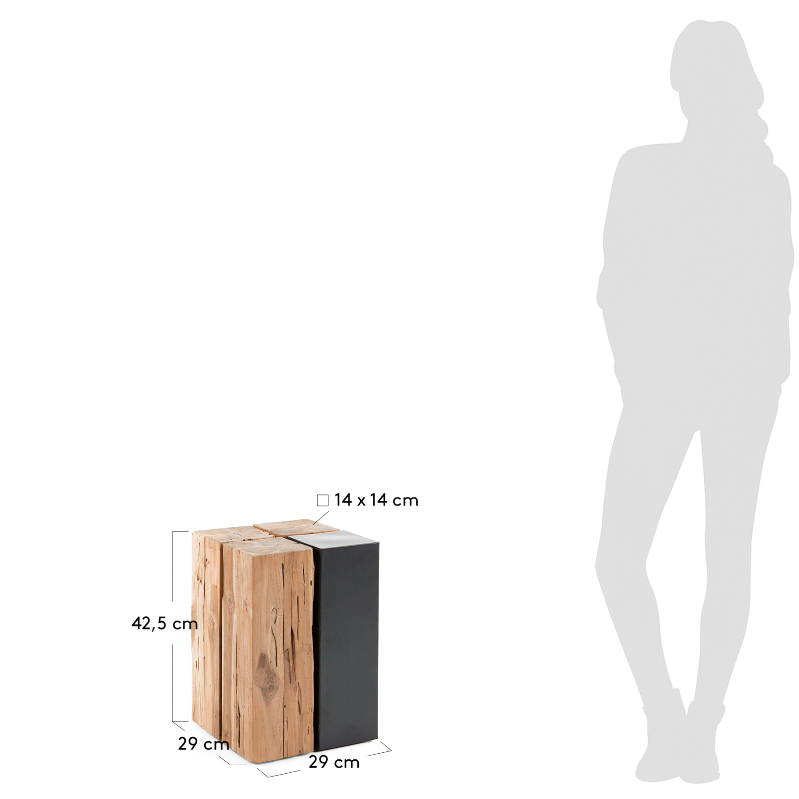 Mesa lateral Mango, madeira teca Cubo decorativo em madeira natural e preto com dimensões indicadas