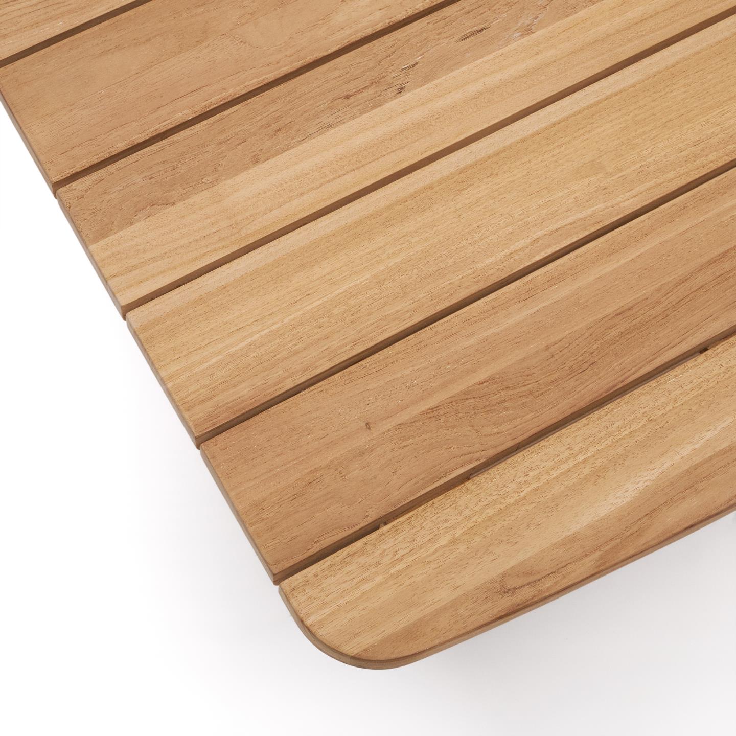 Mesa de centro Tiran, exterior, madeira teca Canto de mesa de madeira clara com tábuas alinhadas e bordas arredondadas
