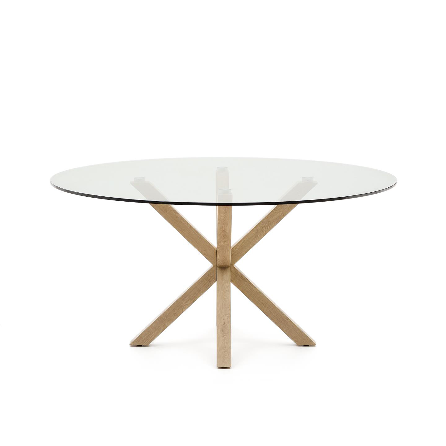 Mesa de jantar Arge, vidro/metal, Ø150X75 Mesa redonda de vidro com base de madeira em X