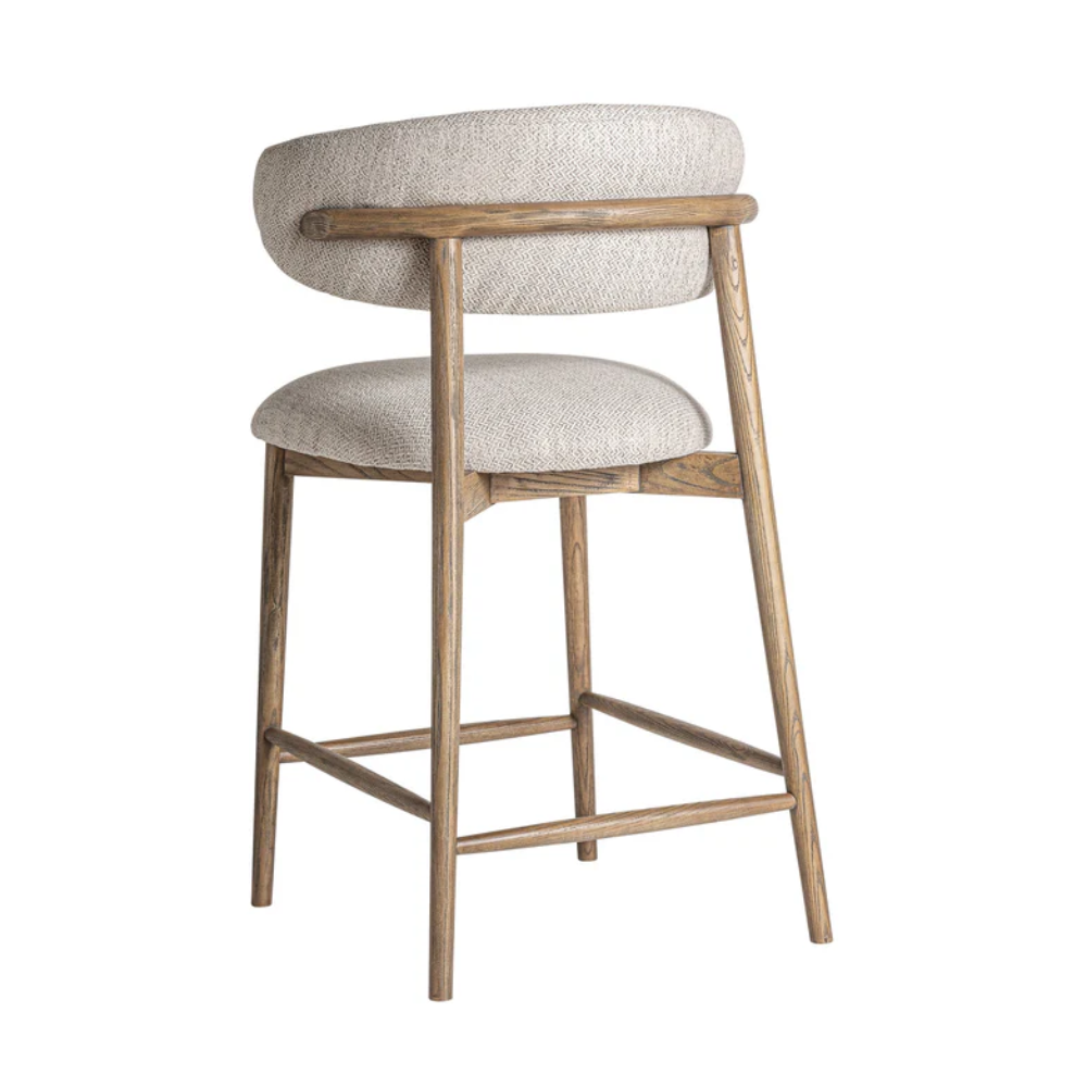 Cadeira alta estofada bege madeira de freixo Laires 68cm Cadeira alta com madeira e tecido bege vista de trás