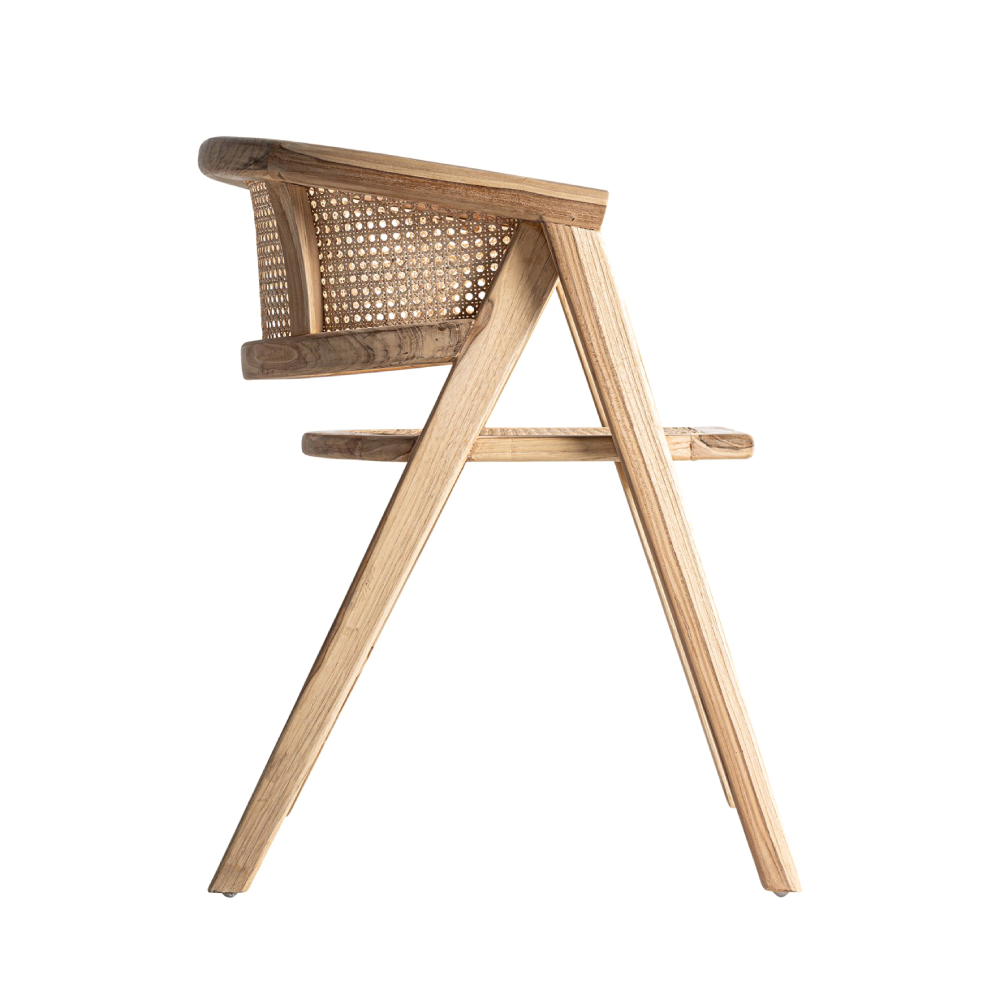 Cadeira com braços em teca e rattan natural Eane cadeira de madeira com encosto em palhinha e design triangular