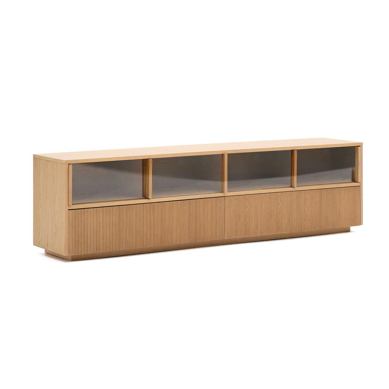 Móvel TV Helvi, madeira carvalho/vidro, 200x54 Móvel de madeira clara com três compartimentos com vidro e painel inferior ranhurado