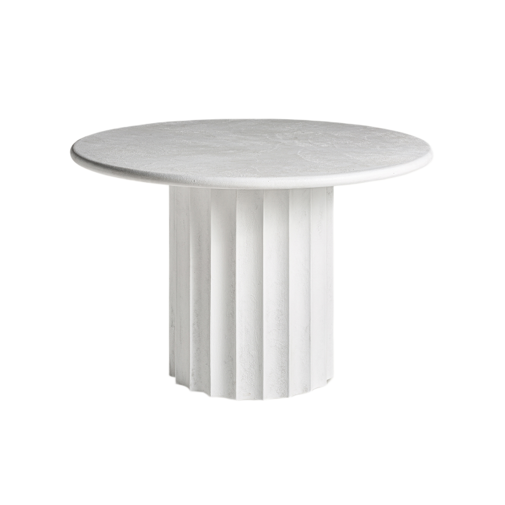 Mesa de jantar em madeira e resina branca Mulcey Ø120x77 Mesa redonda branca com base em colunas verticais em fundo preto