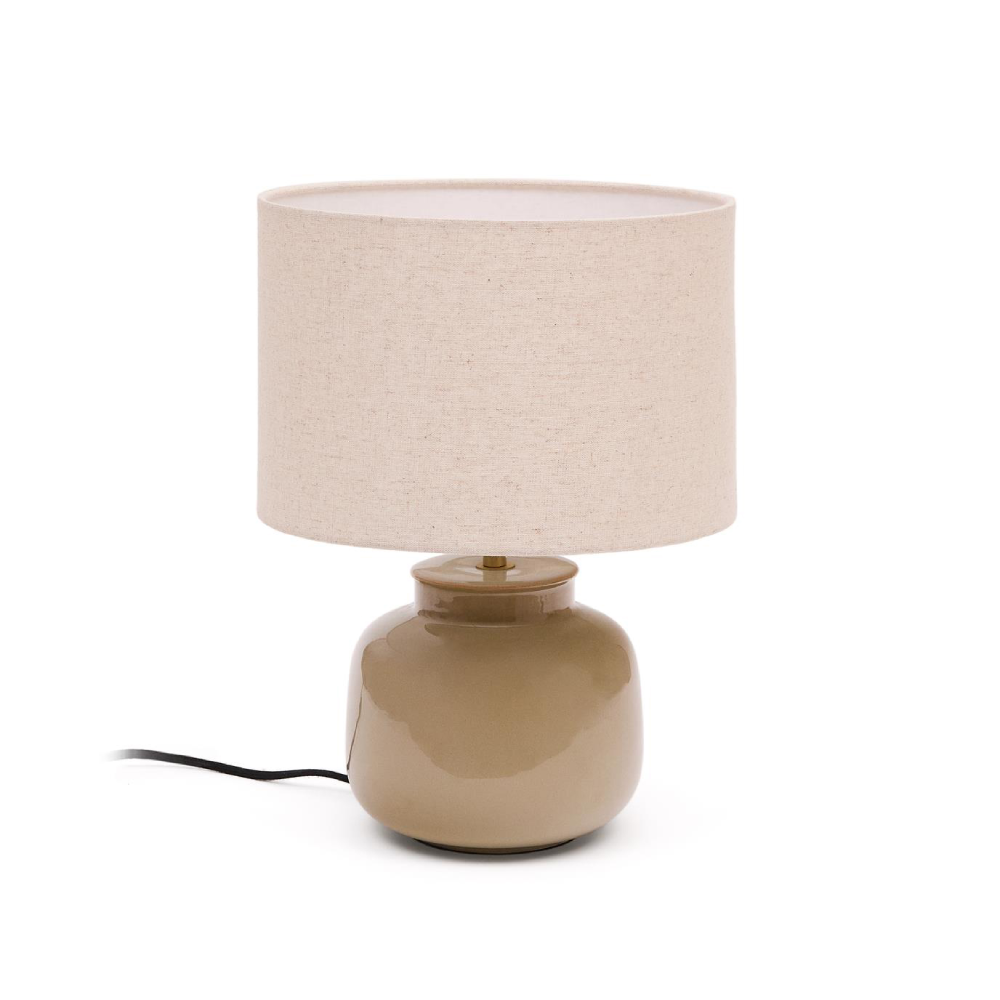 Candeeiro de Mesa em Cerâmica e Linho Bege Taia Lâmpada de mesa castanha com cúpula bege