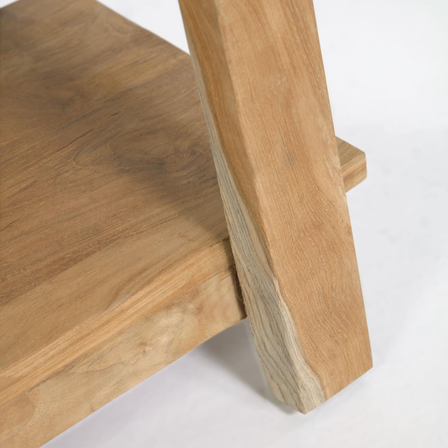 Banco Sifara, madeira teca reciclada, 150x46 Detalhe de móvel em madeira clara com veios visíveis